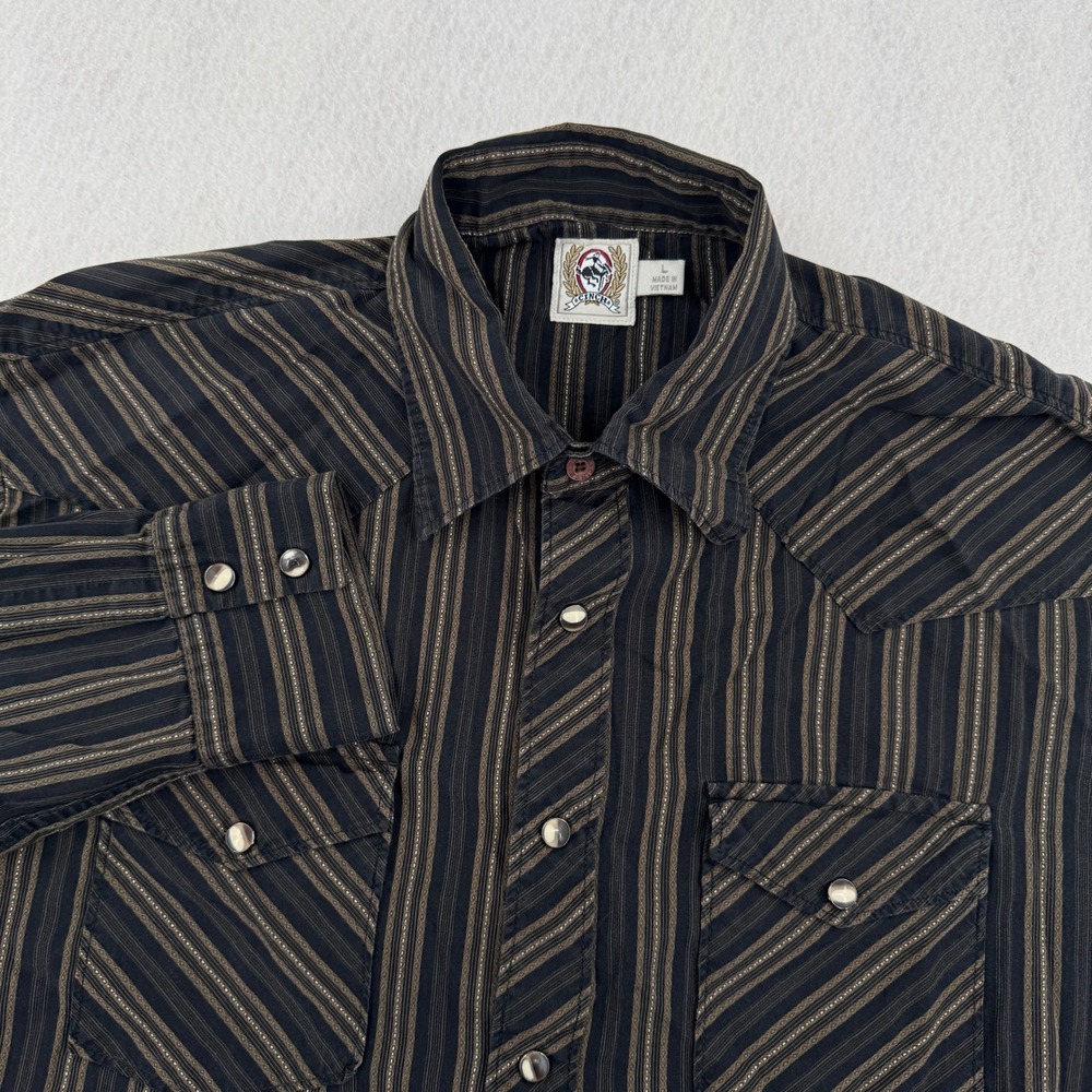 Cinch Mens Large Western Pearl Snap Shirt Black/Brown Striped Long Sleeve Cowboy